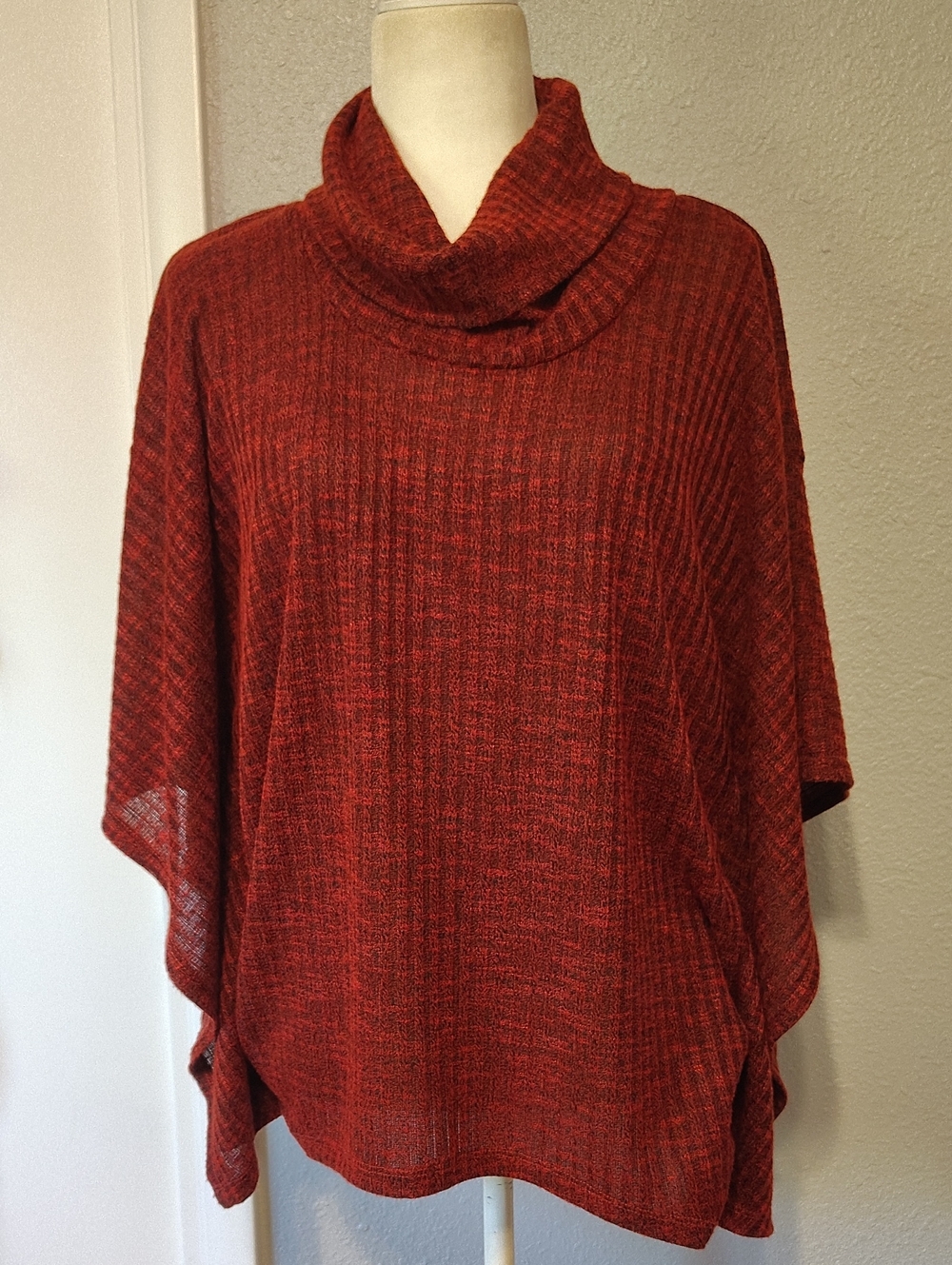 Faded Glory Women's Marled Red Cowl Neck Poncho Rib Knit Sweater.